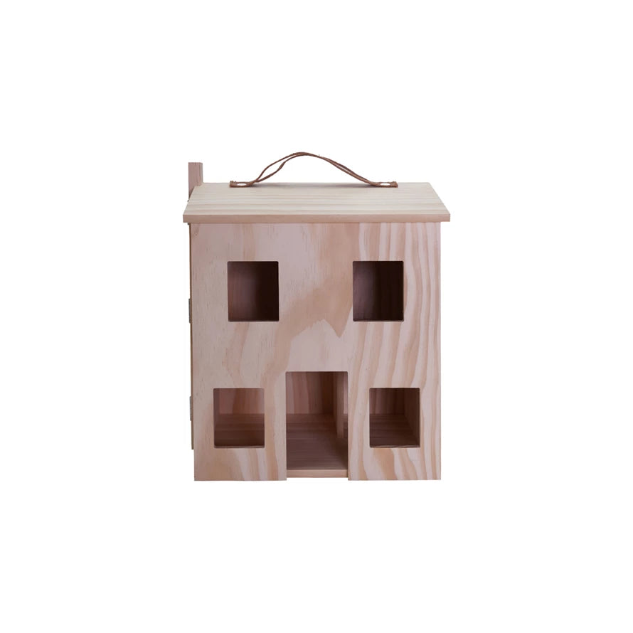Wood Folding Doll House with Faux Leather Handle & Metal Latch