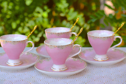 Demitasse. Valentine Pink with Gold Lace