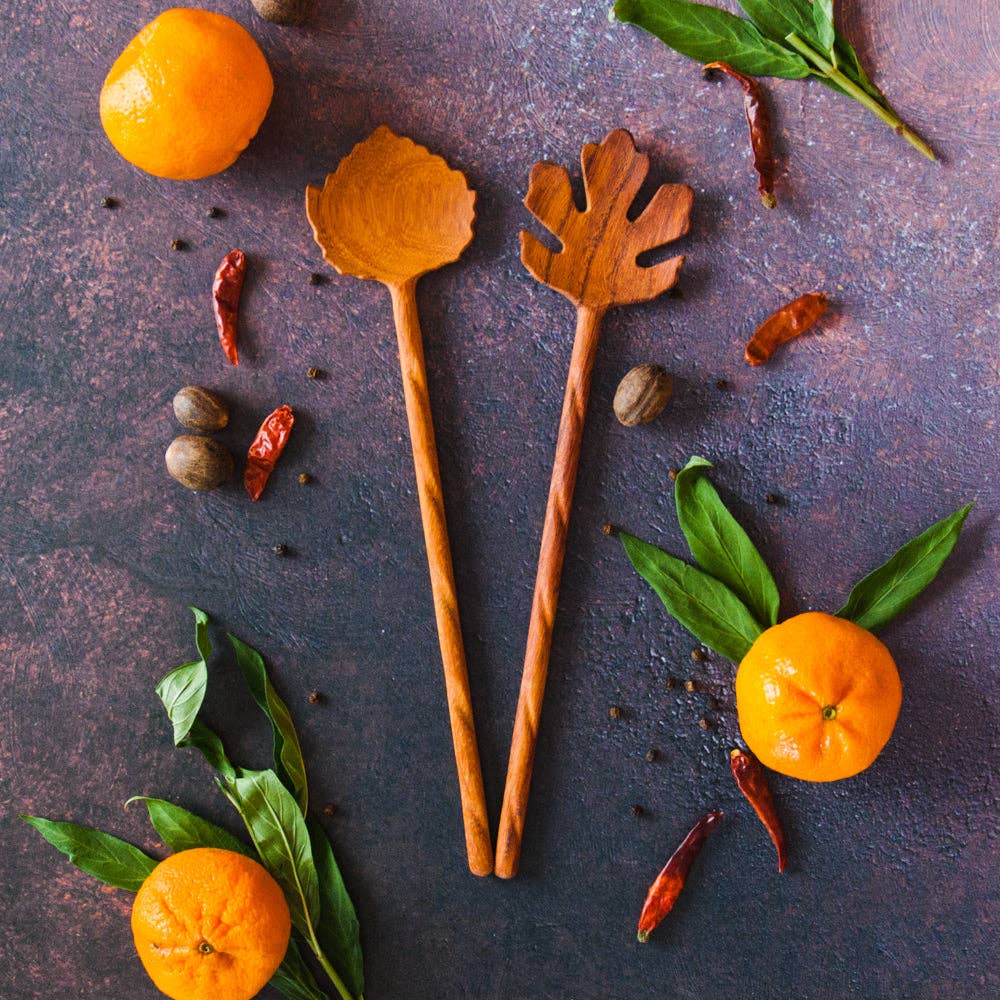 Hand Carved Leaf Shaped Wooden Salad Servers