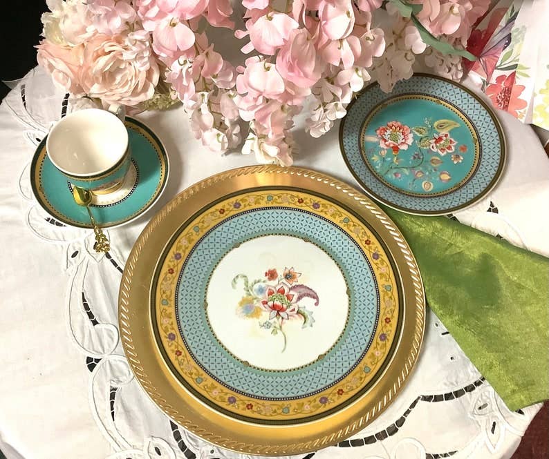 Flowers Teal Border Lunch Dinner Plate 10.5 inch