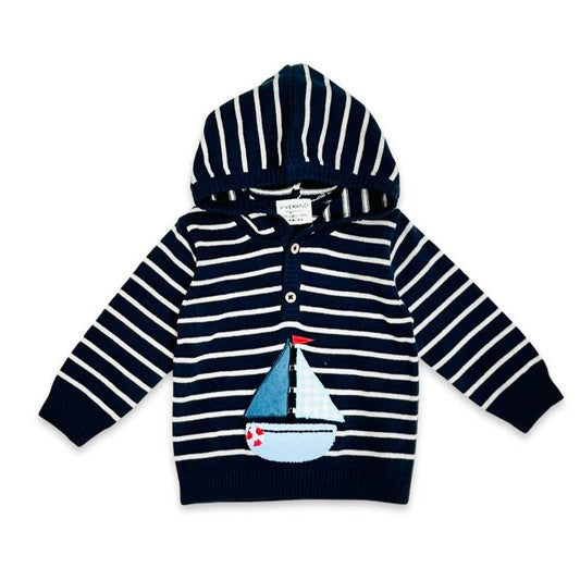 Boat Applique Hooded Baby Knit Pullover (Organic Cotton)