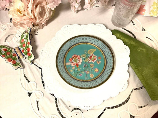 Flowers with Turquoise Teal Border Side Plate Salad 8 inch