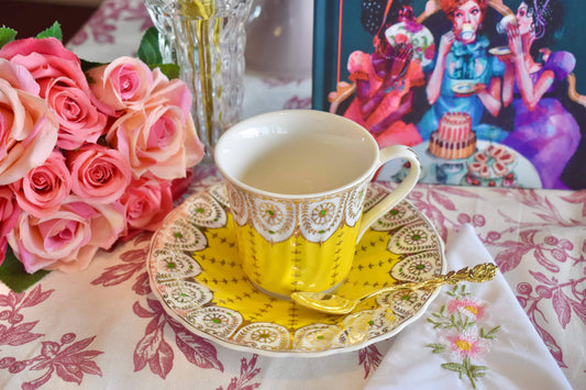 Regency Yellow White and Gold Teacup and Saucer