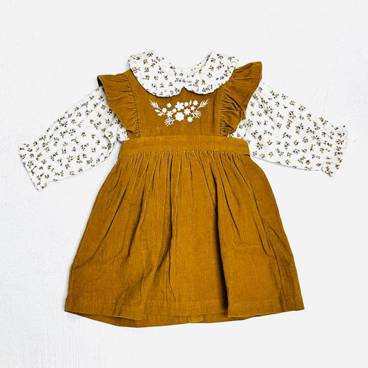 Corduroy Pinafore Baby Dress+Floral Shirt SET (Organic)