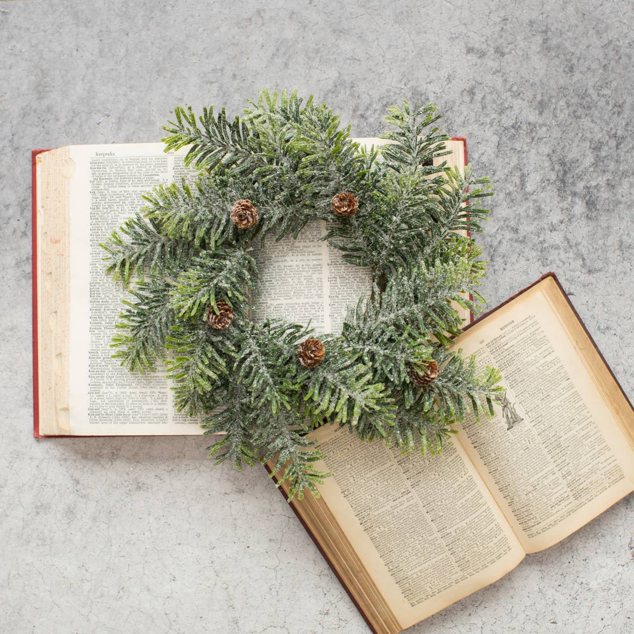 13" FLOCKED HEMLOCK MINI WREATH W/ CONES